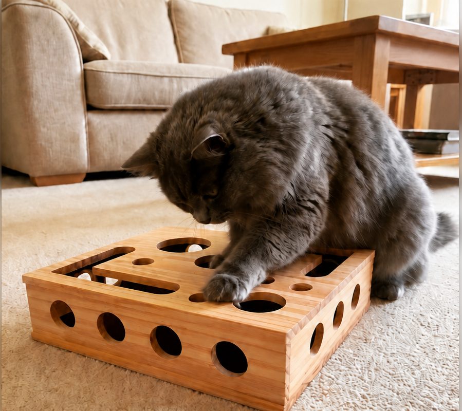 Un chat gris foncé qui fouille la boîte à griffes Griffi avec sa patte