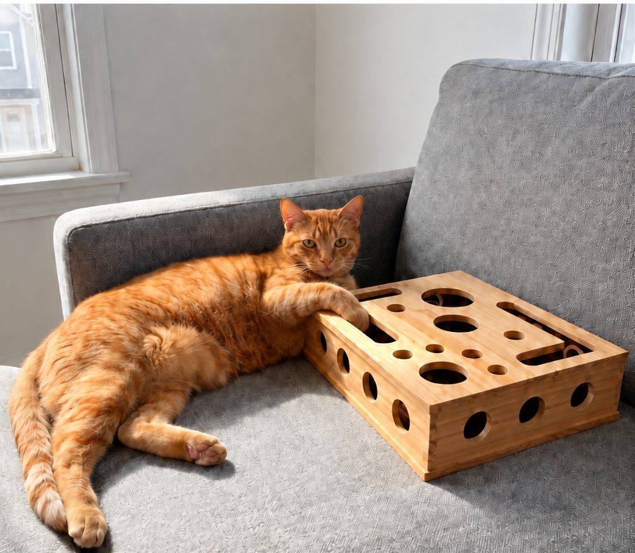 Un chat roux allongé sur un canapé, la patte posée sur la boîte à griffes Griffi