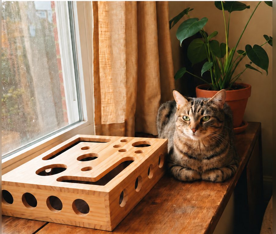 Un chat tigré allongé à côté de la boîte à griffes Griffi devant une fenêtre